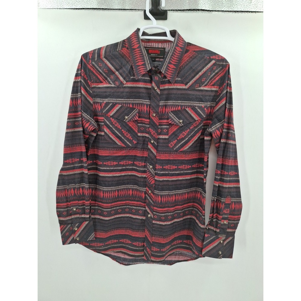 Rock & Roll Denim Southwestern Stripe Print Long Sleeve Snap Large Western Shirt